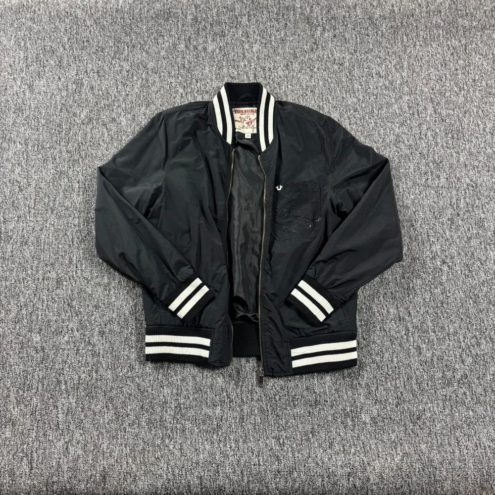 Vintage Y2K True Religion World Tour Bomber Jacket Black White Size Small